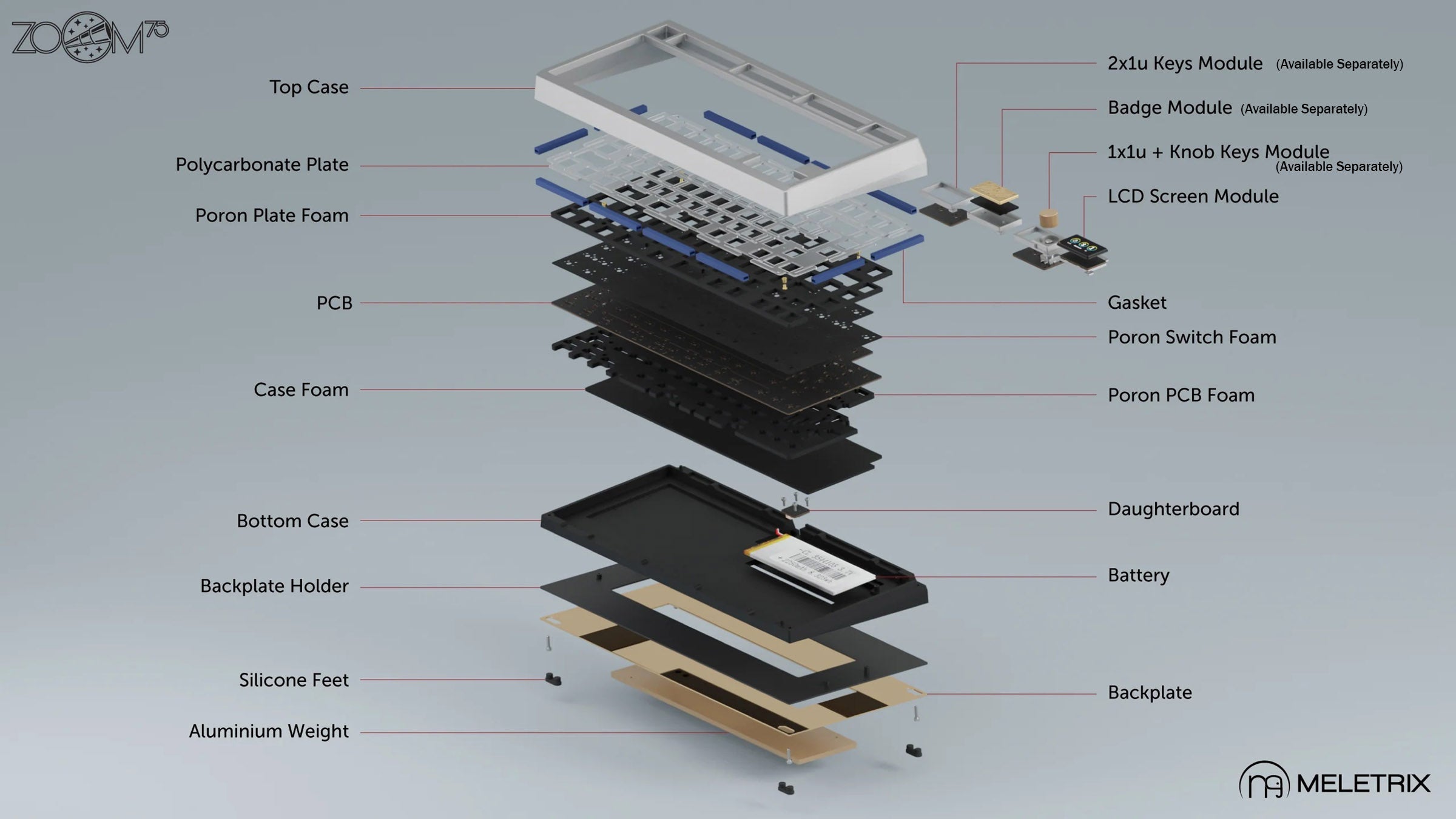 Meletrix Zoom75 Special Edition Aluminum Barebones 75% Hotswap Wireless Non-Flex Cut PCB DIY Keyboard Kit